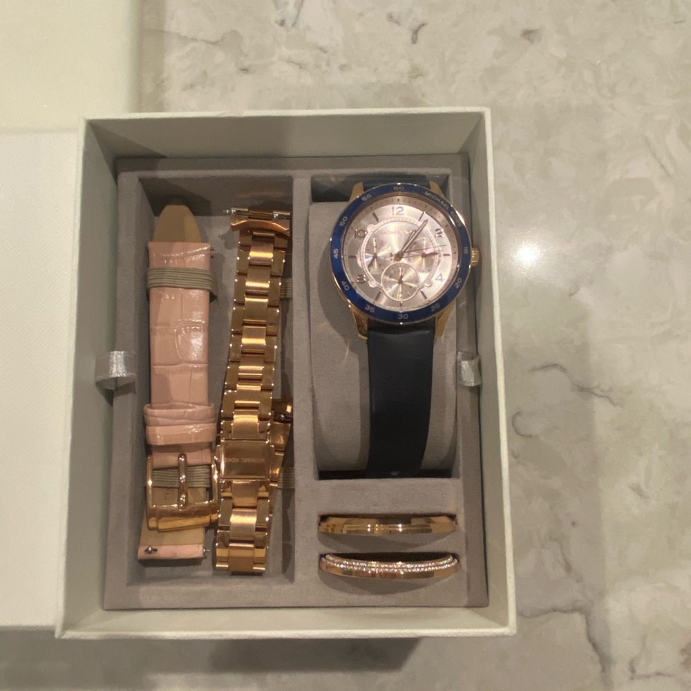 MICHAEL KORS Blue and Gold/Rose Gold Watch Set with Interchangeable Bands
